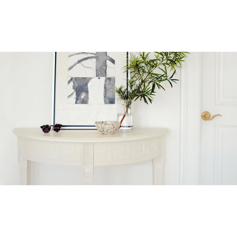 Athena Ivory Mango Wood Demilune Console Table with Greek Key Detail