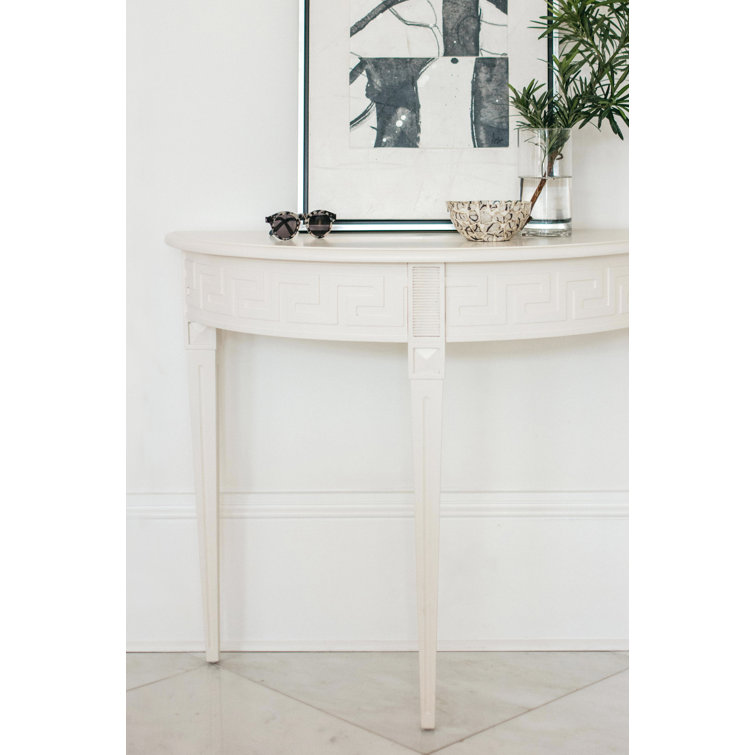 Athena Ivory Mango Wood Demilune Console Table with Greek Key Detail