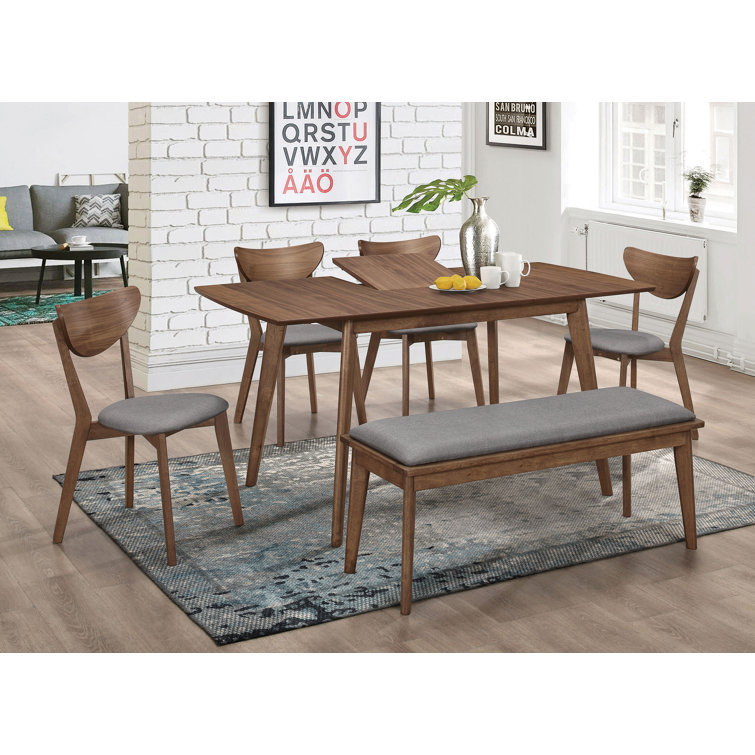 Retro-Inspired Gray Upholstered Dining Bench with Natural Walnut Legs