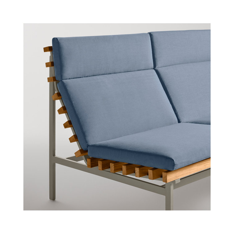 Charcoal Teak Three Seat Outdoor Sofa with Blue Cushions
