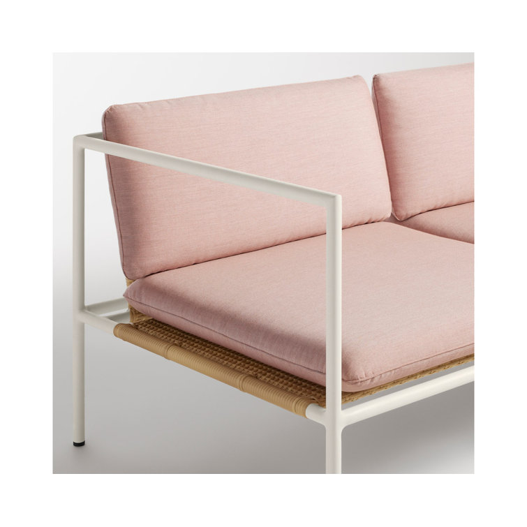 White Wicker and Plastic Outdoor 3-Seat Sofa with Blush Cushions
