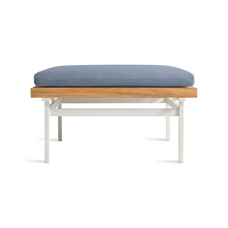 White Aluminum and Teak Outdoor Ottoman with Blue Cushion