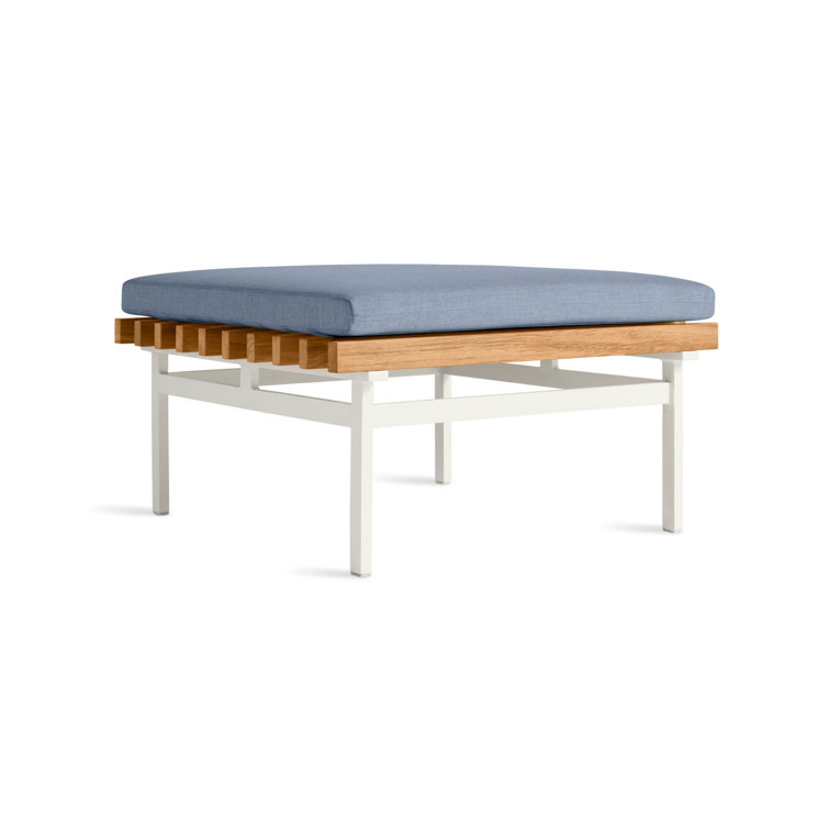 White Aluminum and Teak Outdoor Ottoman with Blue Cushion