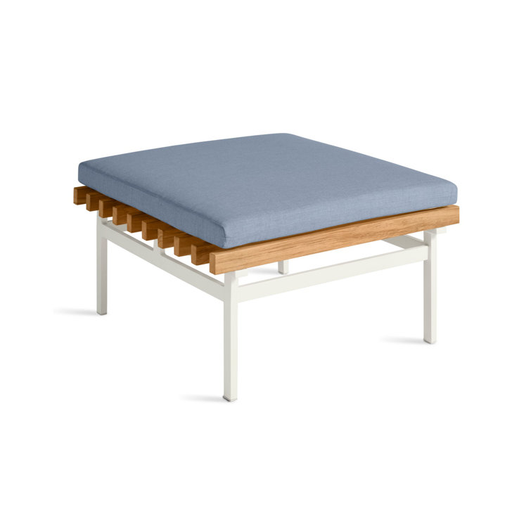 White Aluminum and Teak Outdoor Ottoman with Blue Cushion