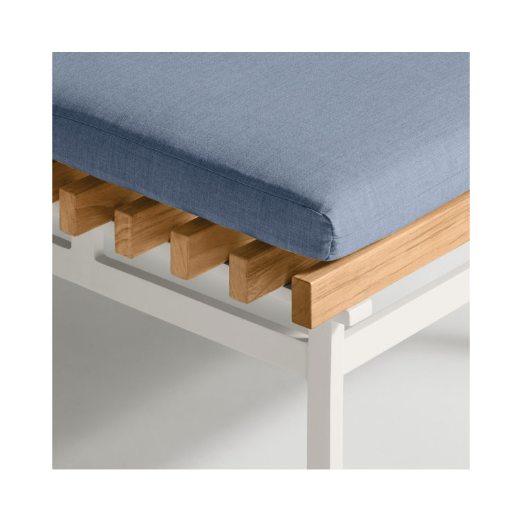 White Aluminum and Teak Outdoor Ottoman with Blue Cushion