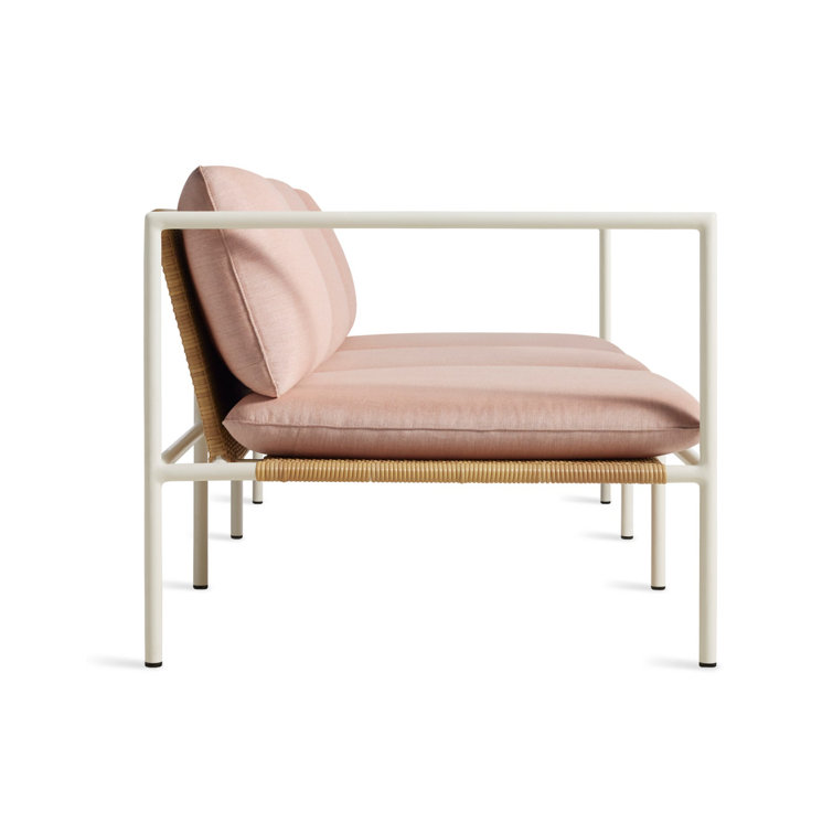 White Wicker and Plastic Outdoor 3-Seat Sofa with Blush Cushions