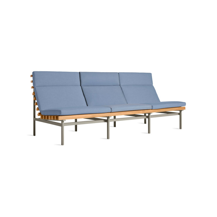 Charcoal Teak Three Seat Outdoor Sofa with Blue Cushions