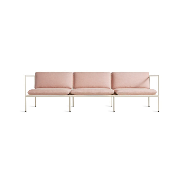 White Wicker and Plastic Outdoor 3-Seat Sofa with Blush Cushions