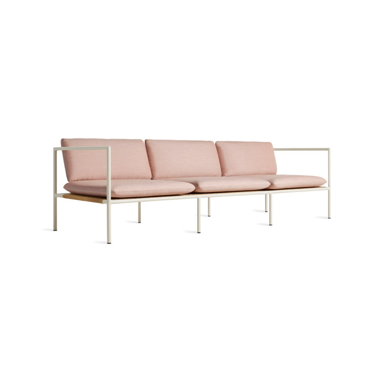 White Wicker and Plastic Outdoor 3-Seat Sofa with Blush Cushions