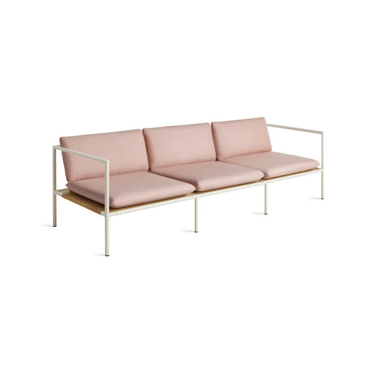 White Wicker and Plastic Outdoor 3-Seat Sofa with Blush Cushions