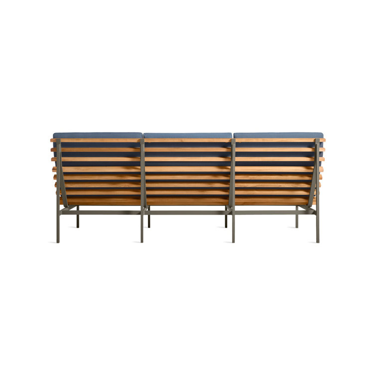 Charcoal Teak Three Seat Outdoor Sofa with Blue Cushions