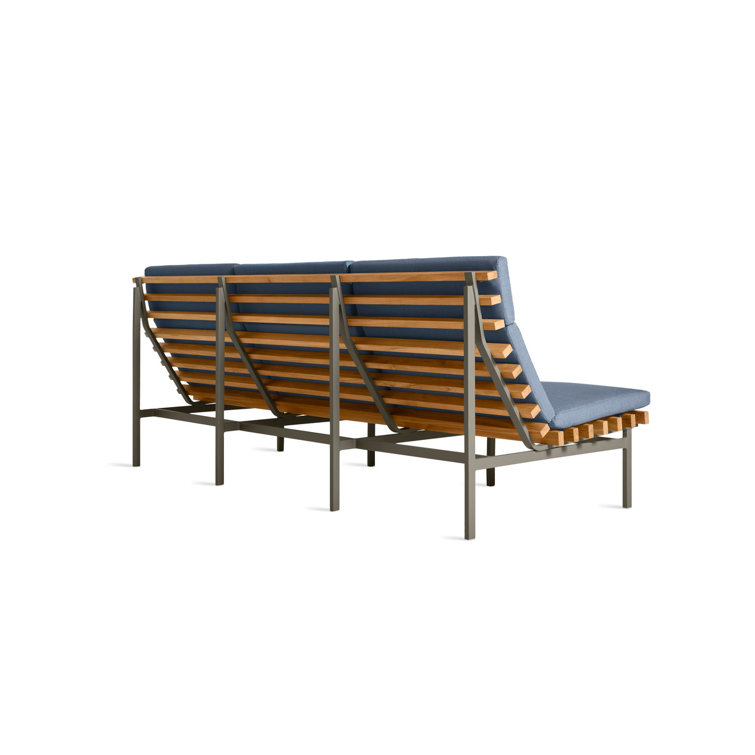 Charcoal Teak Three Seat Outdoor Sofa with Blue Cushions