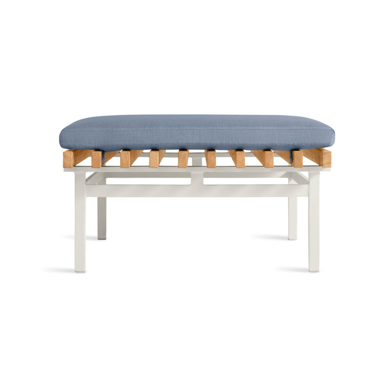 White Aluminum and Teak Outdoor Ottoman with Blue Cushion