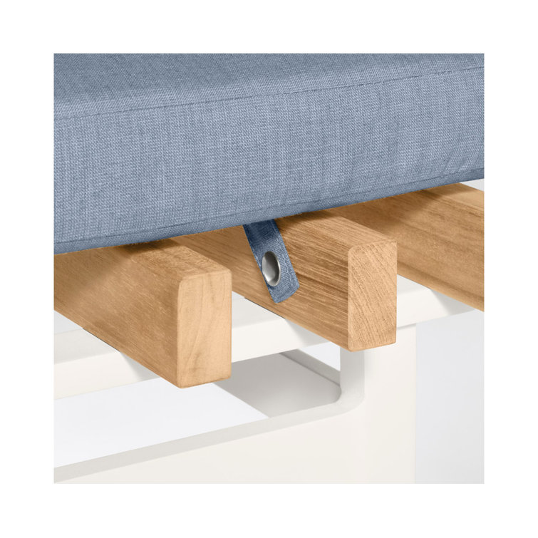 White Aluminum and Teak Outdoor Ottoman with Blue Cushion