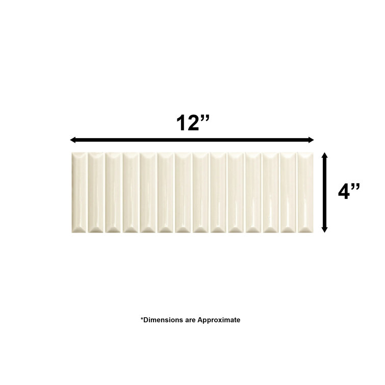 Cream Glossy Fluted Ceramic Wall Tile, 4" x 12"