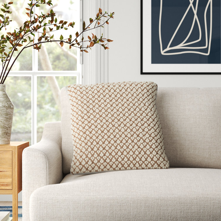 Tan and Ivory Wool Embroidered Square Throw Pillow
