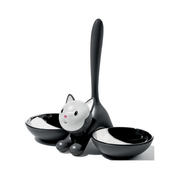 Black Stainless Steel Cat-Shaped Dual Bowl Pet Feeder