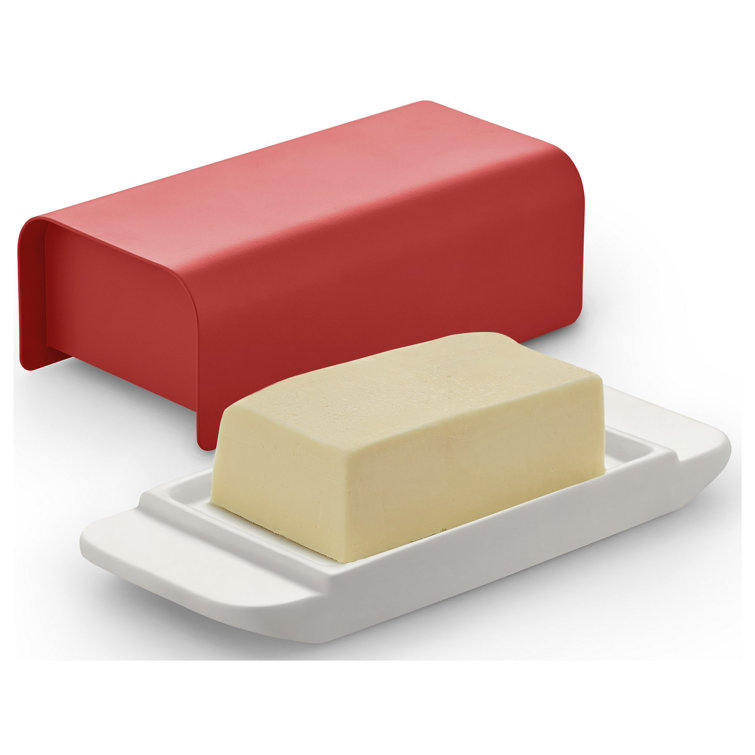 Red Stainless Steel and Porcelain Butter Dish