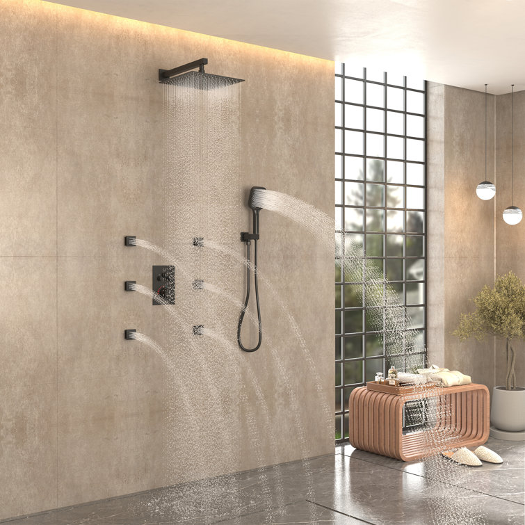 Matte Black 12-Inch Stainless Steel Multi-Head Wall Mounted Shower System