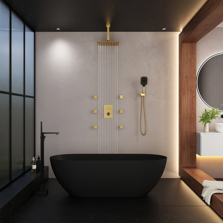 Brushed Gold Multi-Head Ceiling Mounted Shower System with Body Jets