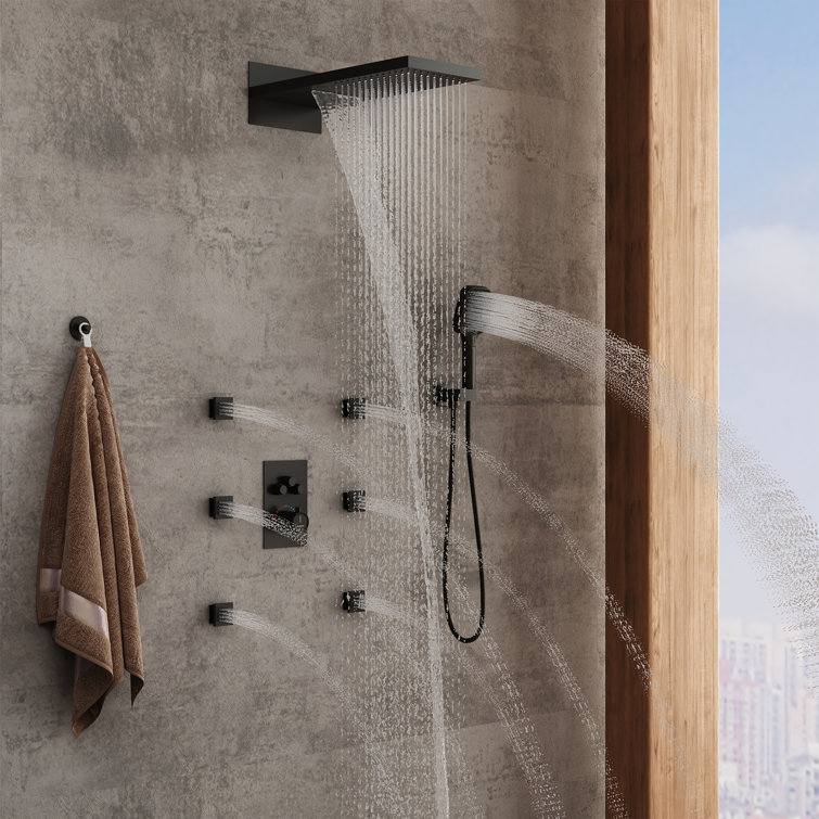 Matte Black Wall Mounted Rainfall Shower System with Body Jets