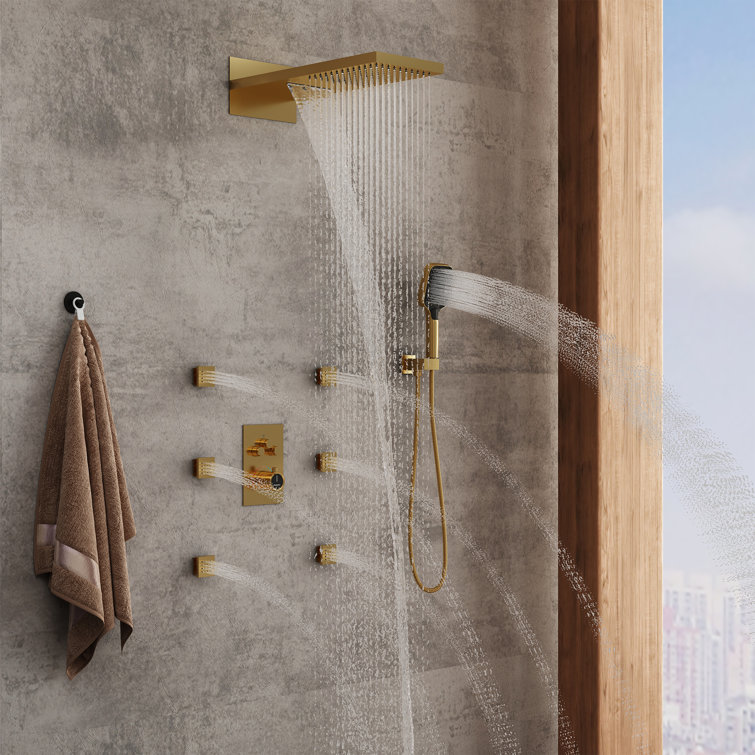 Brushed Gold Wall Mounted Multi-Head Shower System with Body Jets