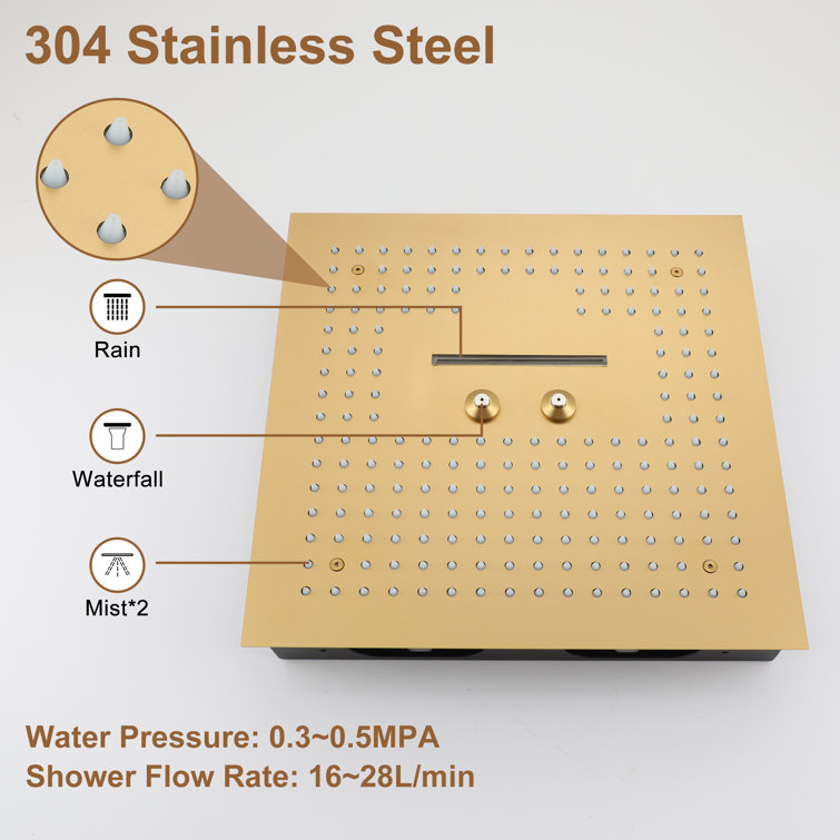 Brushed Gold 16" LED Rain Shower Set with Handheld