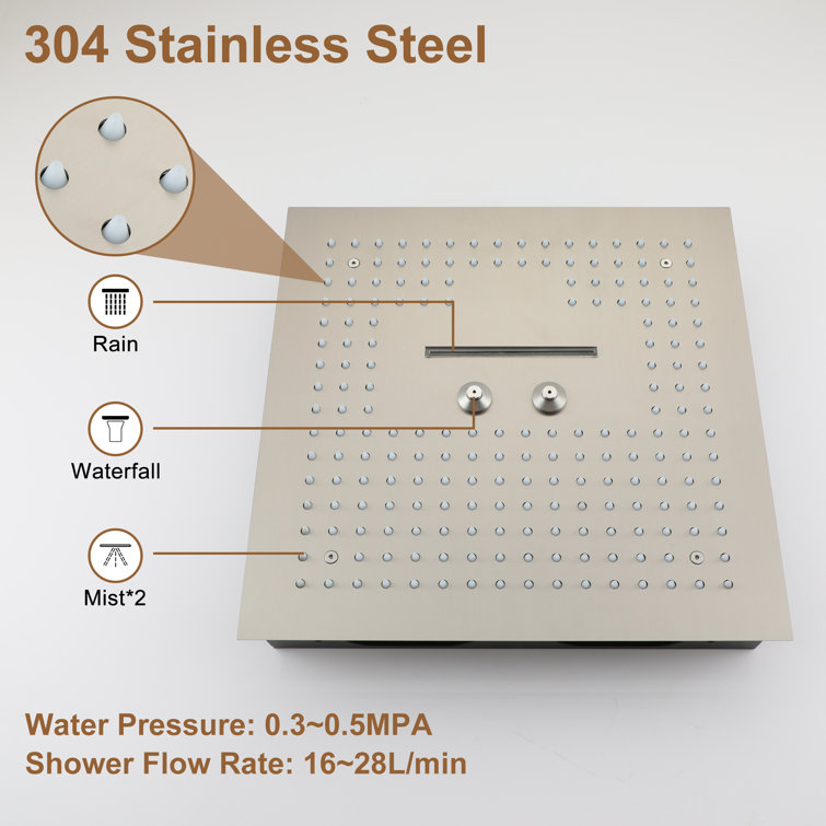 Brushed Nickel Dual Head LED Ceiling Mounted Rain Shower System