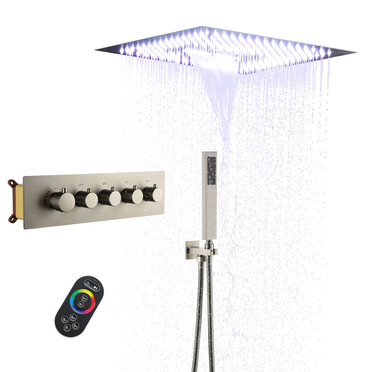 Brushed Nickel Dual Head LED Ceiling Mounted Rain Shower System
