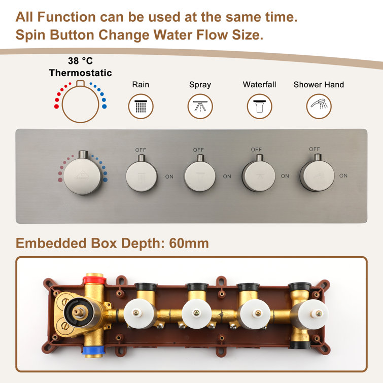 Brushed Nickel Dual Head LED Ceiling Mounted Rain Shower System