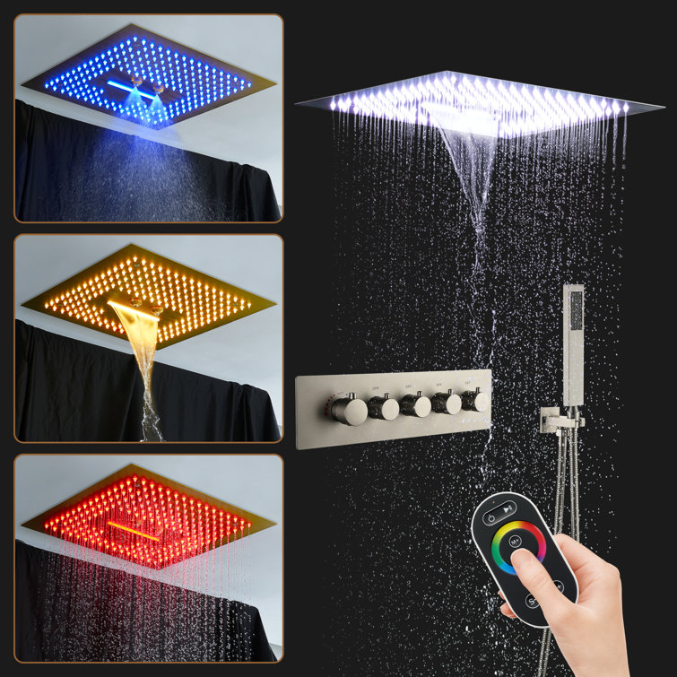 Brushed Nickel Dual Head LED Ceiling Mounted Rain Shower System