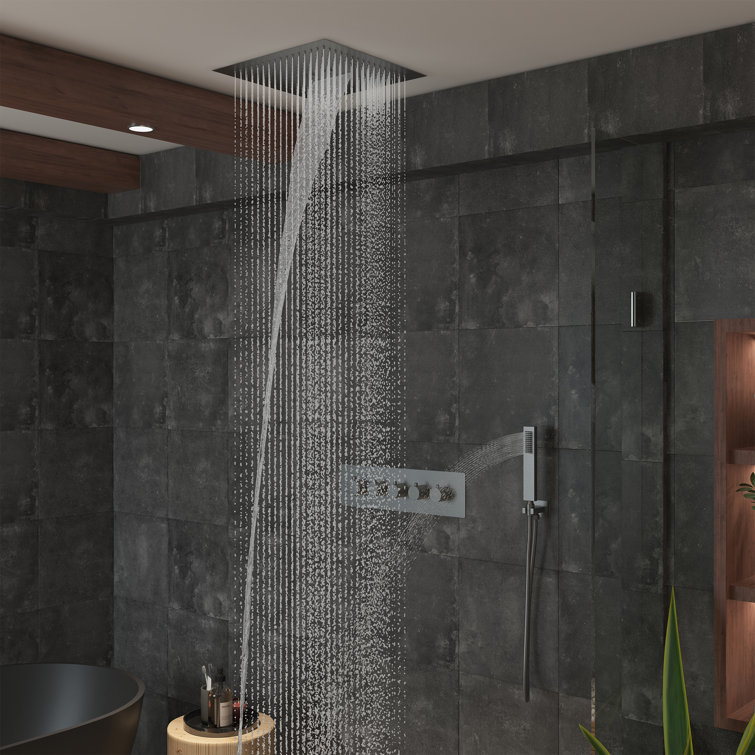 Brushed Nickel Dual Head LED Ceiling Mounted Rain Shower System