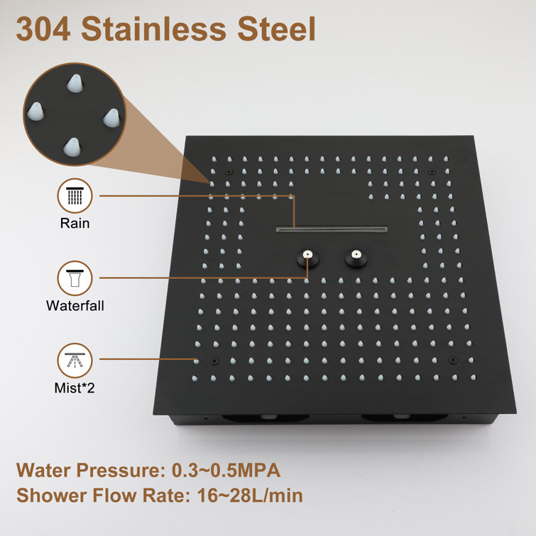 Matte Black 16-Inch Dual Square Ceiling Mounted Rain Shower System