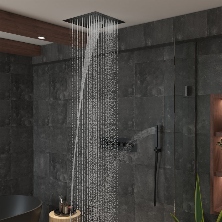 Matte Black 16-Inch Dual Square Ceiling Mounted Rain Shower System