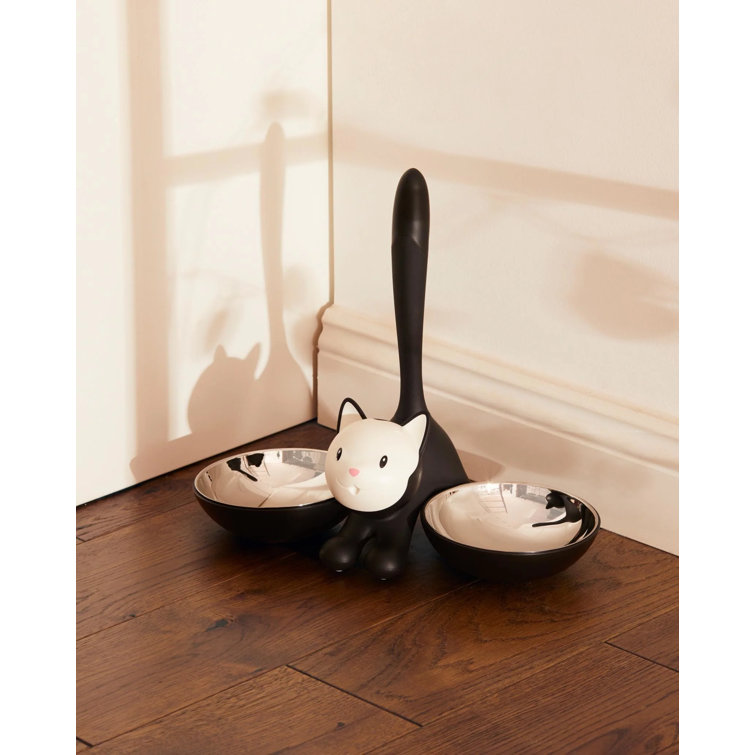 Black Stainless Steel Cat-Shaped Dual Bowl Pet Feeder