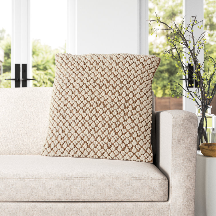 Tan and Ivory Wool Embroidered Square Throw Pillow