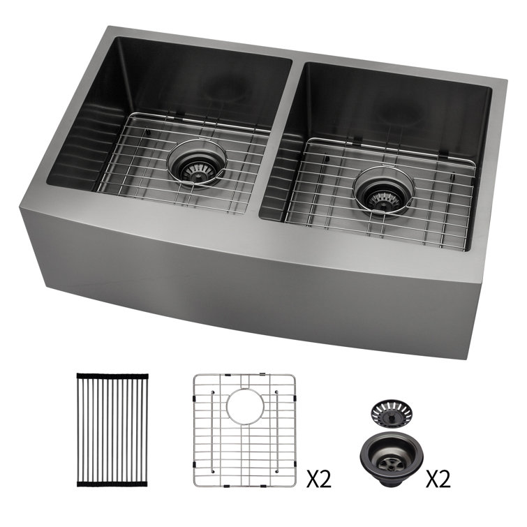 33'' Gunmetal Black Stainless Steel Farmhouse Double Bowl Kitchen Sink