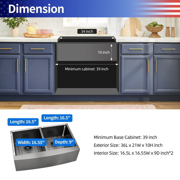 36'' Stainless Steel Farmhouse Double Bowl Kitchen Sink