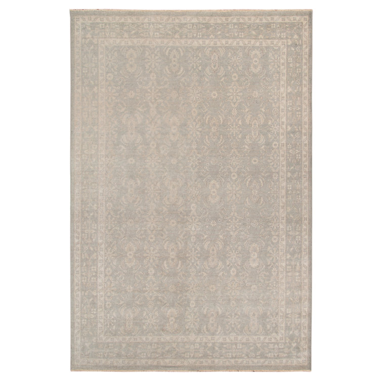 Ainsley Taupe and Light Blue Hand-Knotted Wool-Viscose Rug with Fringe