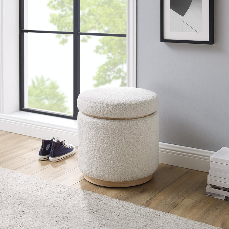 White Sherpa Round Storage Ottoman with Pinewood Trim