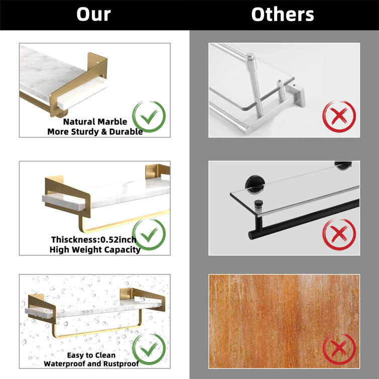 Gold and White Marble Floating Bathroom Shelf with Towel Bar