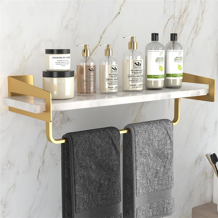 Gold and White Marble Floating Bathroom Shelf with Towel Bar