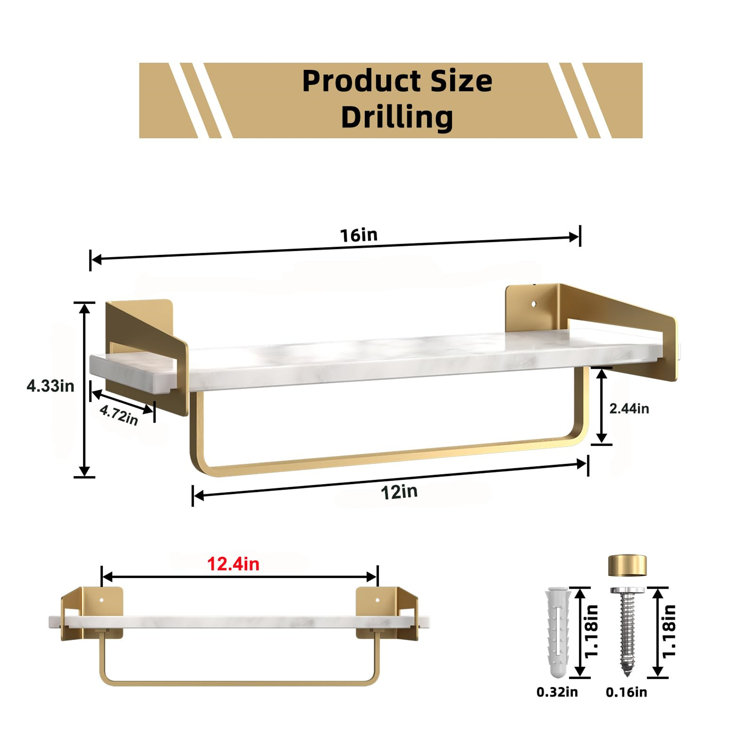 Gold and White Marble Floating Bathroom Shelf with Towel Bar