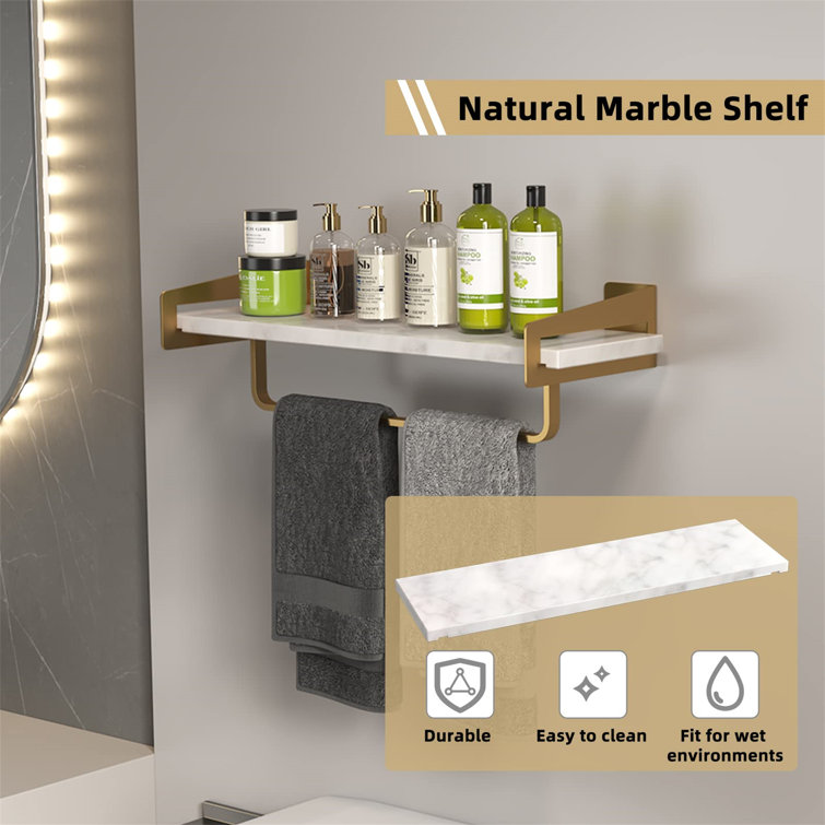 Gold and White Marble Floating Bathroom Shelf with Towel Bar