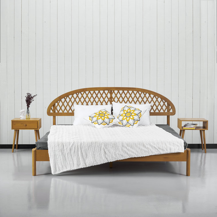King Rustic Oak Wood Bed Frame with Lattice Headboard and Slats