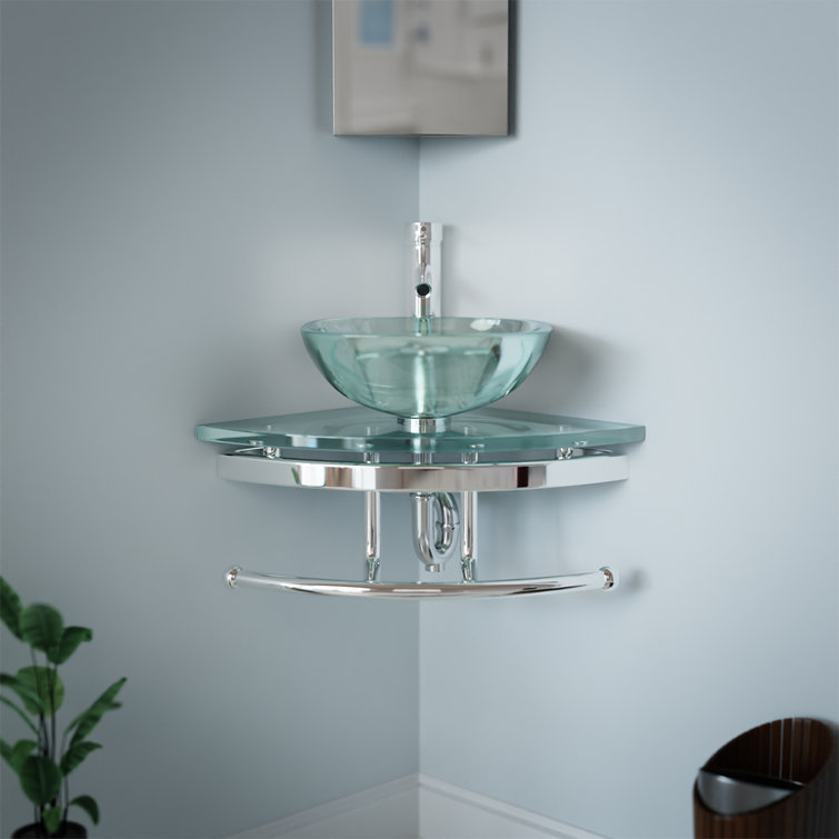 Talula Clear Tempered Glass Corner Bathroom Sink with Chrome Faucet