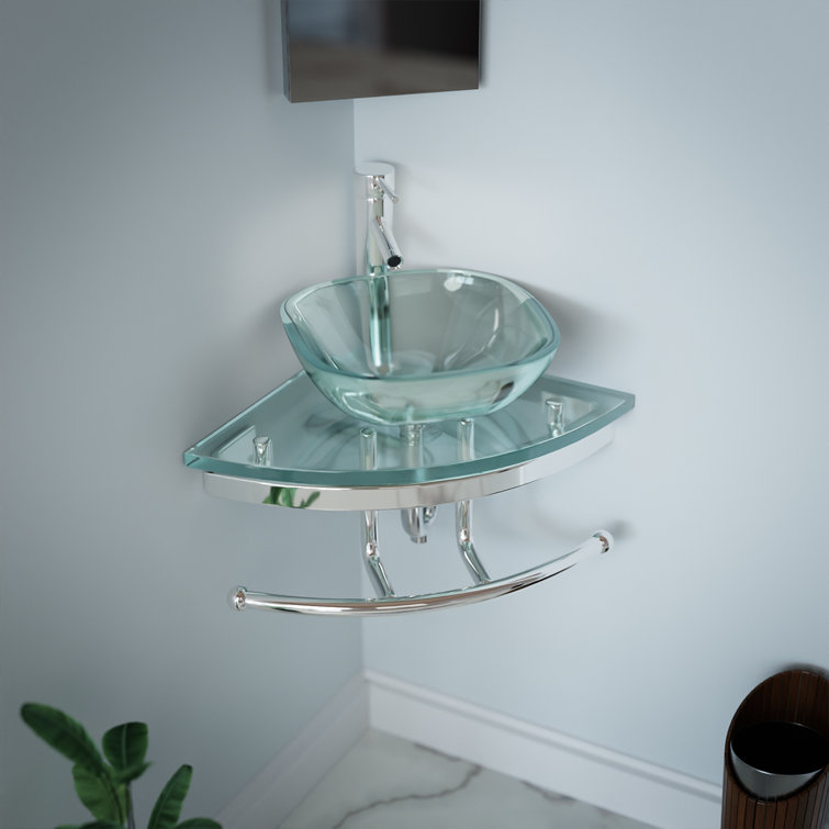 Talula Clear Tempered Glass Corner Bathroom Sink with Chrome Faucet