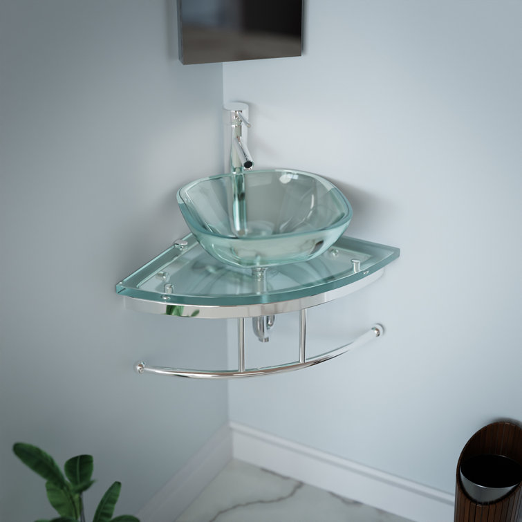 Talula Clear Tempered Glass Corner Bathroom Sink with Chrome Faucet