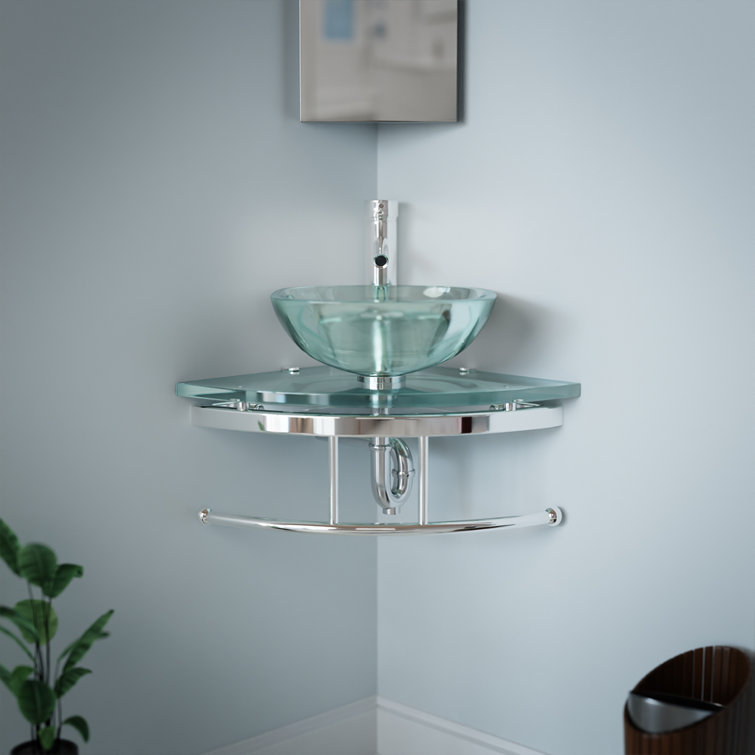 Talula Clear Tempered Glass Corner Bathroom Sink with Chrome Faucet