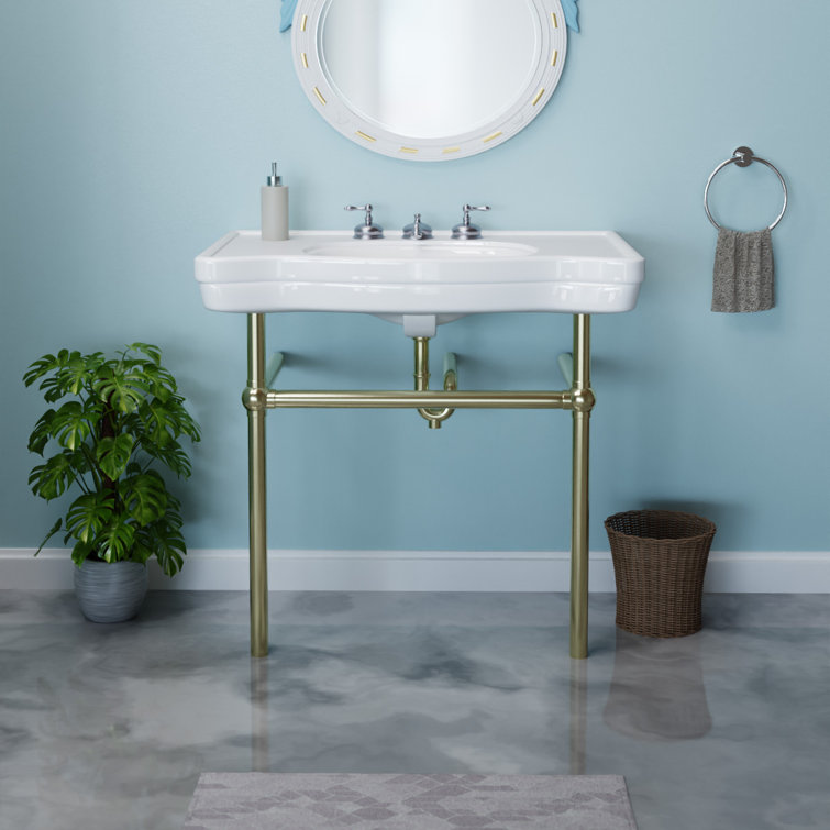 White Ceramic Console Sink with Satin Nickel Bistro Legs